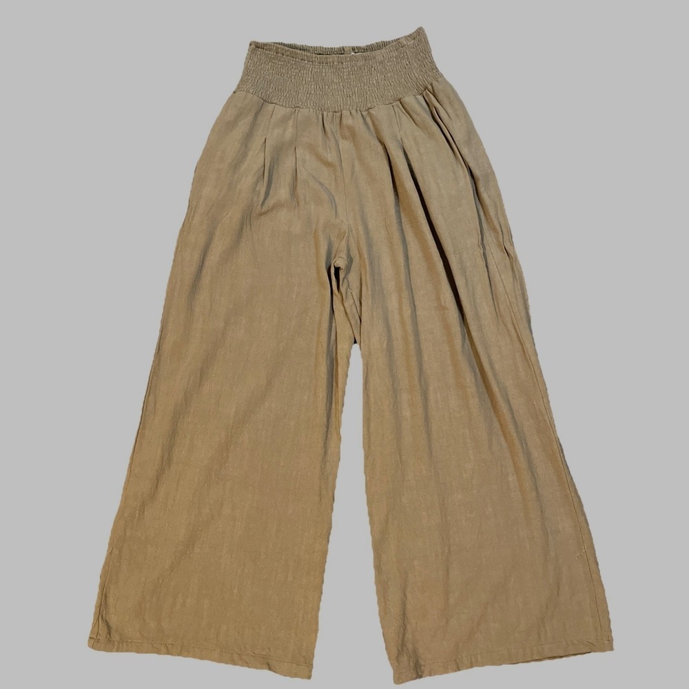 ANRABESS Linen Blend Pants Womens S Brown Smocked Waist Wide Leg Palazzo Boho